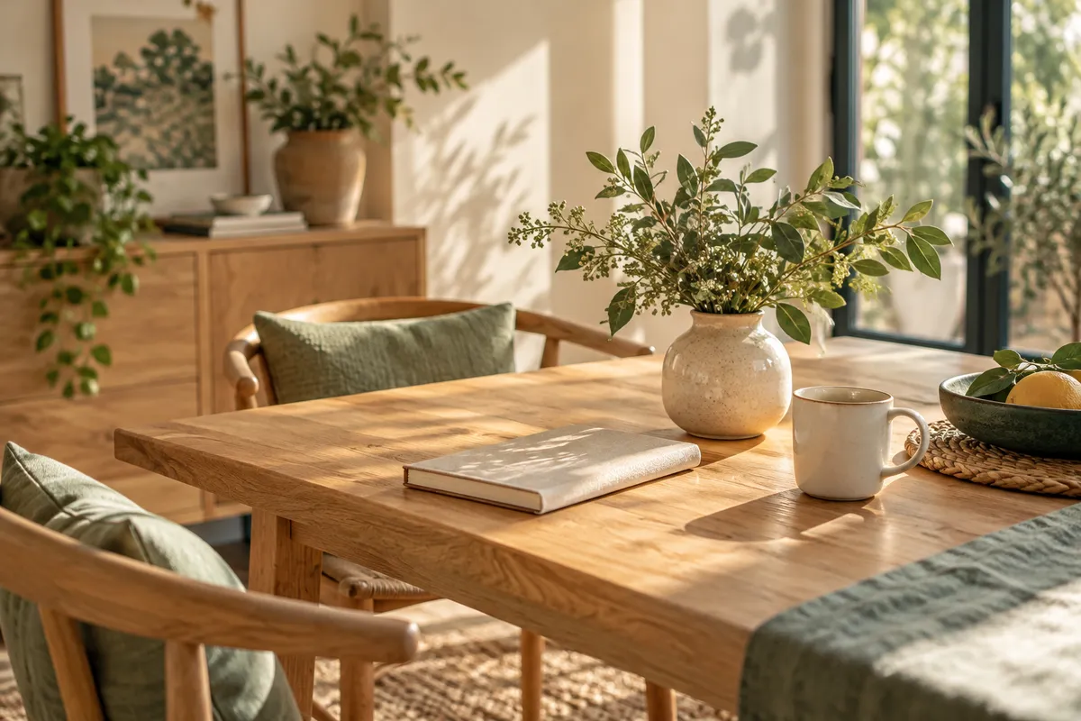 Mesa de madera con un cuaderno, una taza y un jarrón con ramas en una estancia luminosa