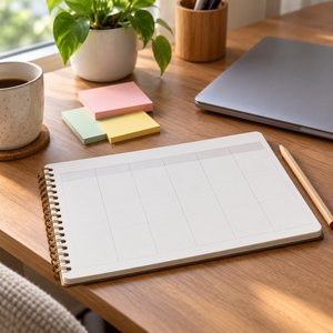 Cuaderno de planificación sobre un escritorio con notas adhesivas, lápiz y portátil cerrado.