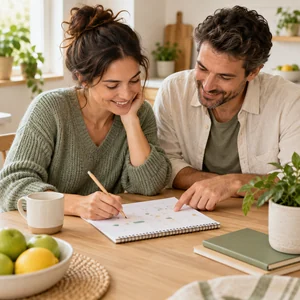 Dos personas revisando juntas un calendario sobre una mesa