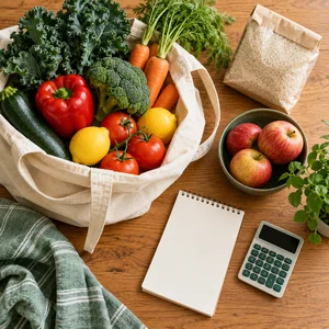Bolsa reutilizable, alimentos, lista en blanco y calculadora sobre una mesa