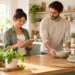 Dos personas preparando una lista y utensilios en la cocina