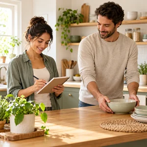 Dos personas preparando una lista y utensilios en la cocina