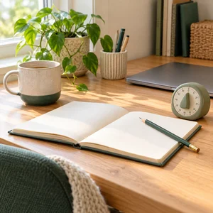 Cuaderno, lápiz y temporizador sobre un escritorio doméstico despejado