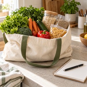 Bolsa reutilizable con alimentos junto a un cuaderno para la lista de compra.