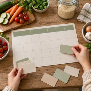 Planificador de comidas con tarjetas móviles, verduras y arroz sobre una mesa.