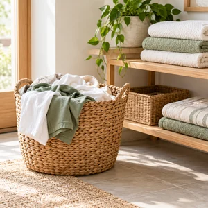Cesto con ropa y toallas dobladas sobre una balda