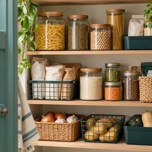 Estantes de una despensa con alimentos secos, paquetes y cestas agrupados