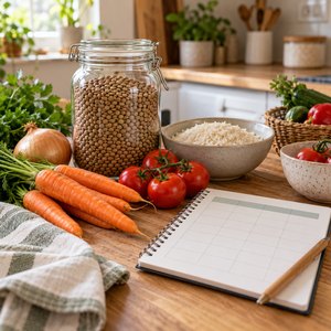 Ingredientes de despensa y verduras junto a un planificador de comidas.