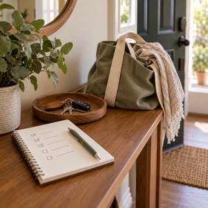 Cuaderno de preparativos, llaves en una bandeja y bolso junto a la puerta.
