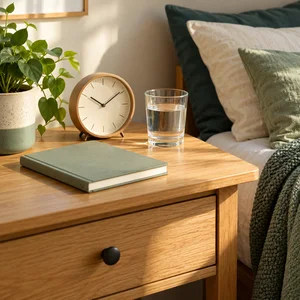 Reloj, cuaderno y vaso de agua junto a una cama en una habitación luminosa